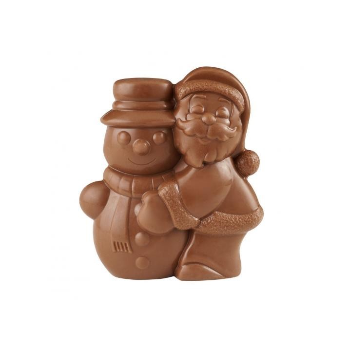 Père Noel qui enlace un bonhomme de neige chocolat lait